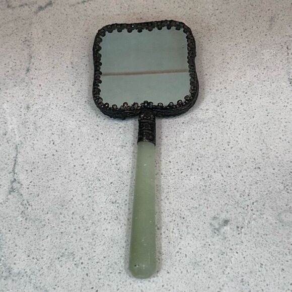 Vtg Chinese Hand Mirror Rounded Corner Squircle W/ Jade Handle & Porcelain Back - Picture 6 of 15